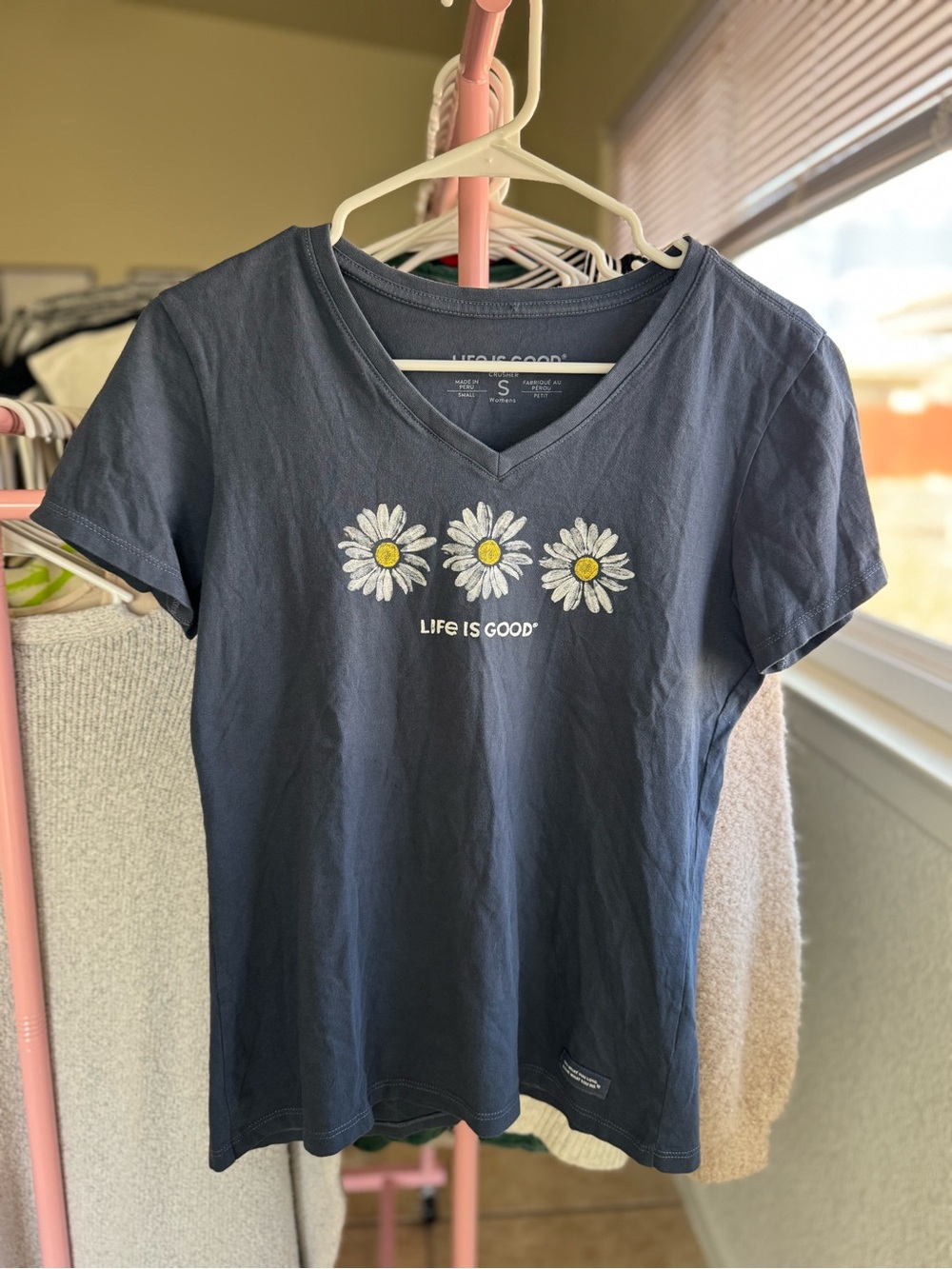 Life Is Good Navy V-Neck Tee with Daisy Trio